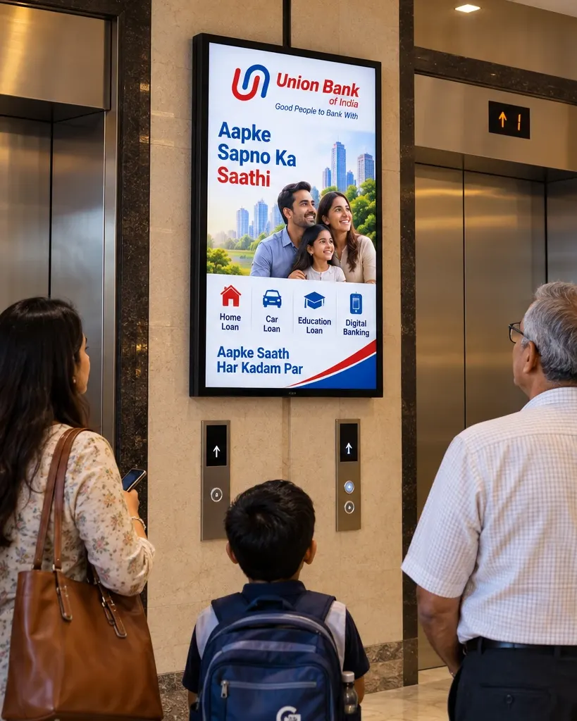 A family looking at a digital screen in a residential lift lobby