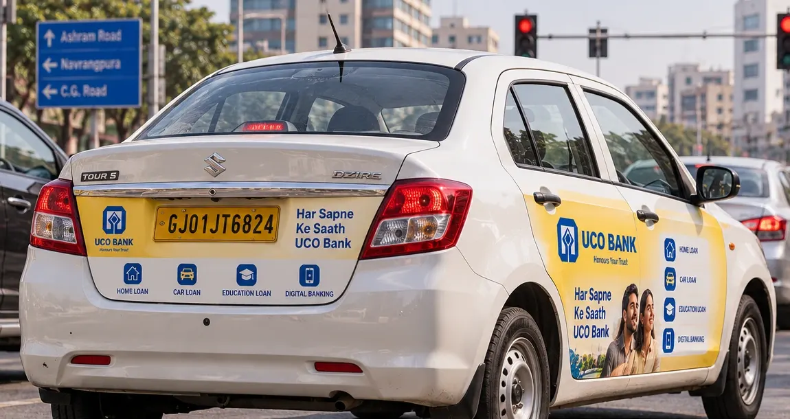 A white cab wrapped with advertising on the rear panel and doors, seen in city traffic