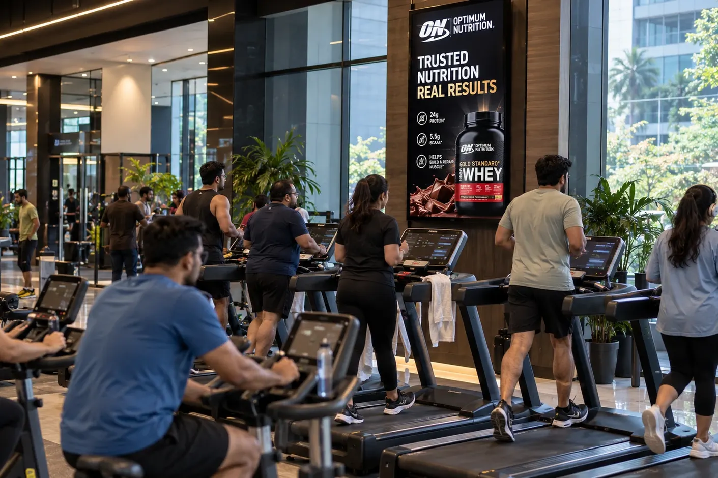People exercising on cardio machines in front of a digital screen on a gym wall