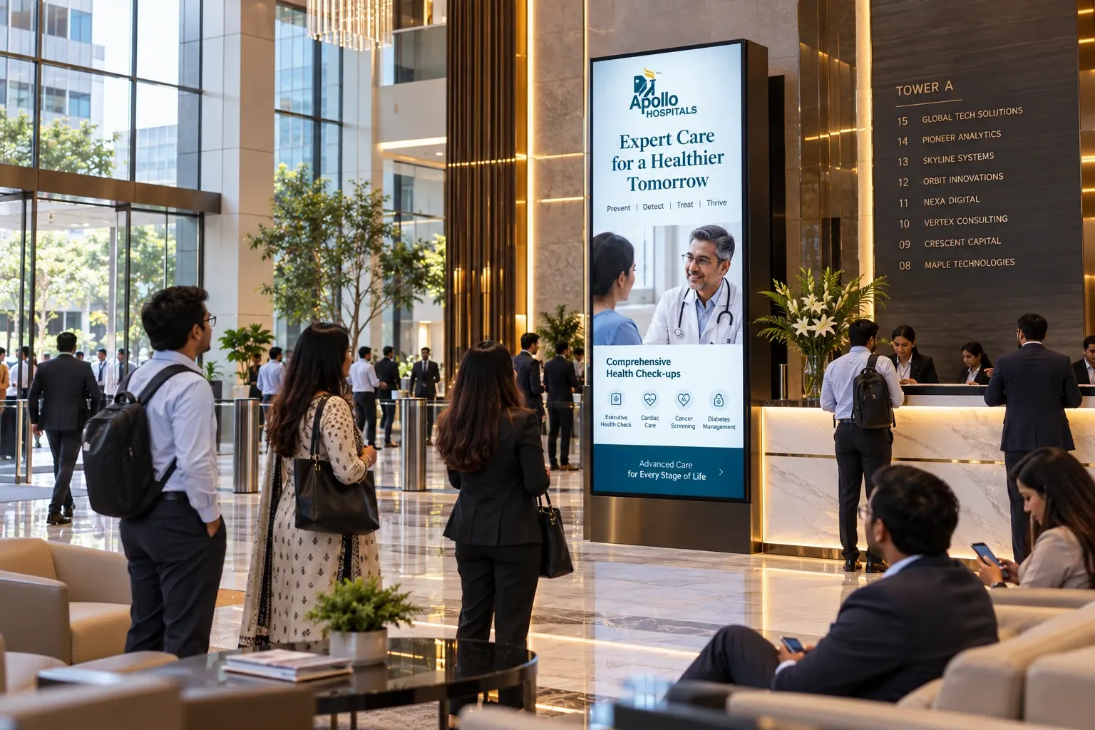 Visitors and office workers in a corporate tower lobby, with a tall digital screen showing a healthcare ad